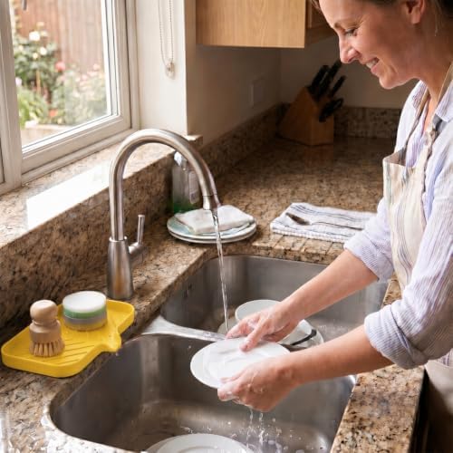 MicoYang Silicone Soap Dish with Drain Spout — Self-Draining Sink Organizer Tray for Bathroom & Kitchen, Sponges, Dispensers & Soap Holder, Non-Slip & Dishwasher Safe, Yellow (Medium, 9.6"×5.3") - Image 6