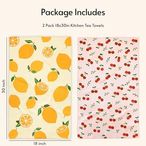 Eulnars Kitchen Towels, 18" x 30" Dish Towels, Microfiber Tea Towels for Kitchen Drying, Superior Absorbency, Lemon Cherry Series, 2-Pack - Image 6