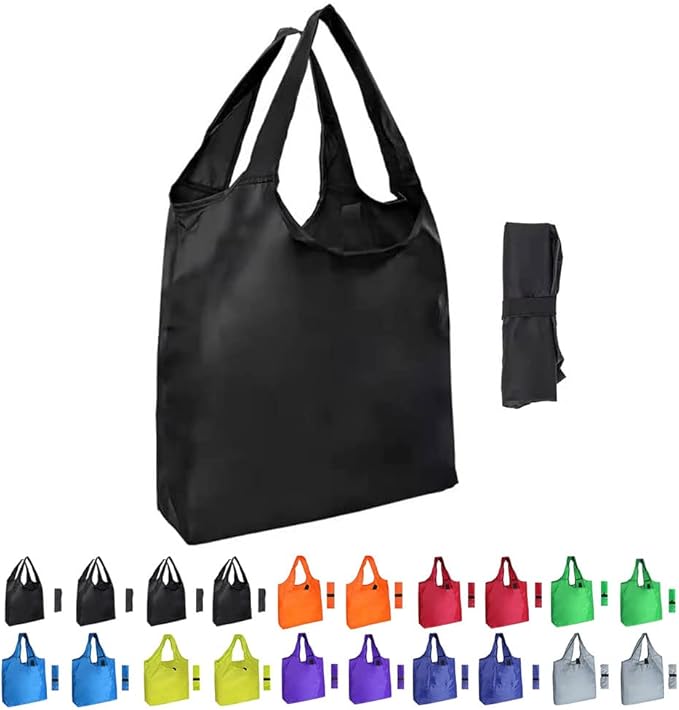 Aricsen 20 Pack Durable Colorful Folding Reusable Grocery Bags Handles Bulk Strong, Colored Eco Friendly Shopping Foldable Kitchen Large Washable Pocket Nylon, Polyester Color Cloth Fabric