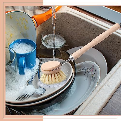 Maxdot 4 Pcs Kitchen Dish Brush with Beechwood Handle Natural Wooden Handle Scrub Brush Fiber Bristles Dish Scrub 2 Inch Replacement Brush Head for Pots Pans Utensils Washing Supplies - Image 6