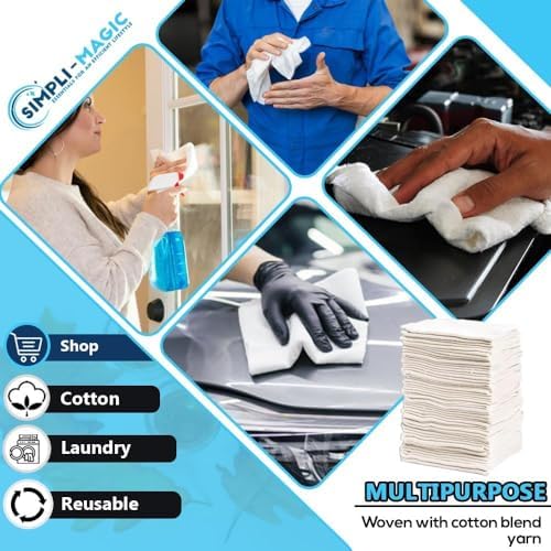 Simpli-Magic Cotton Shop Towels 14"x12" (150 Pack) – White Reusable Cleaning Shop Rags for Automobiles, Industries, Garage and Homes - Image 4
