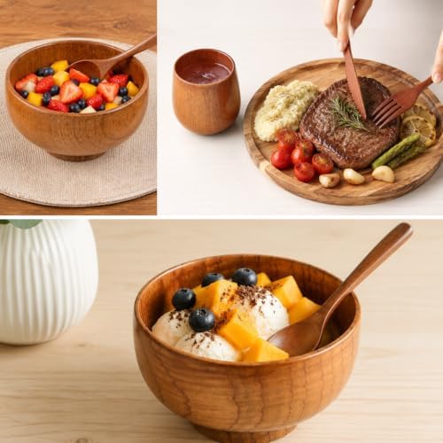 12 Pcs Acacia Wood Dinnerware Set 11.6 Inch Round Wooden Plates Bowls Tea Cups Fork Spoons Cutlery Knife Acacia Wood Tableware Supplies Lightweight for Dishes Snack Dessert, 2 Set - Image 5