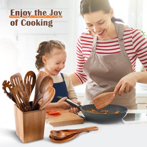 Wooden Spoons for Cooking, 11 Pcs Wood Cooking Utensils Set with Holder, Natural Acacia Wooden Kitchen Tools, Nonstick Cookware, Easy Clean, Kitchen Utensil Set for Mom, Wife Cooking Gifts - Image 7