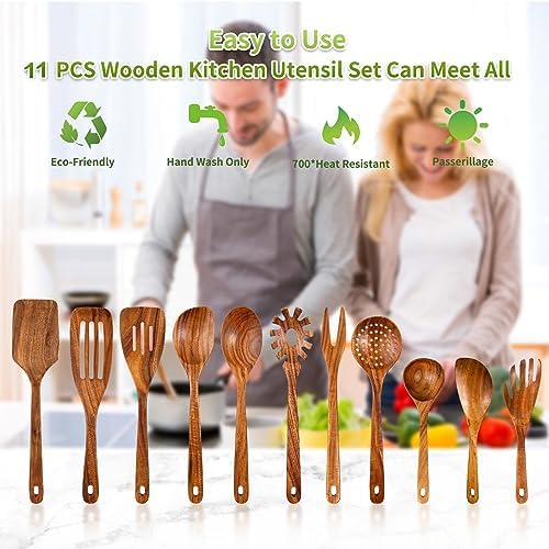 GUDAMAYE 11 PCE Wooden Spoons for Cooking, Wooden Kitchen Utensils Set,Wooden Cooking Utensils,Natural Teak Wooden Spoons For Non-stick Pan - Image 6