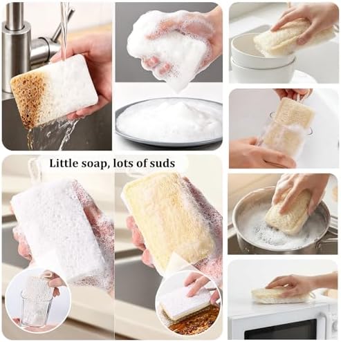 Natural Loofah Kitchen Sponges, 8 Pack Eco Compostable Cellulose Dish Washing Scrubbers, Non-Scratch Plastic-Free Cleaning Sponge Pads for Dishes, Pans, Sink, Cookware & Bathroom - Image 7