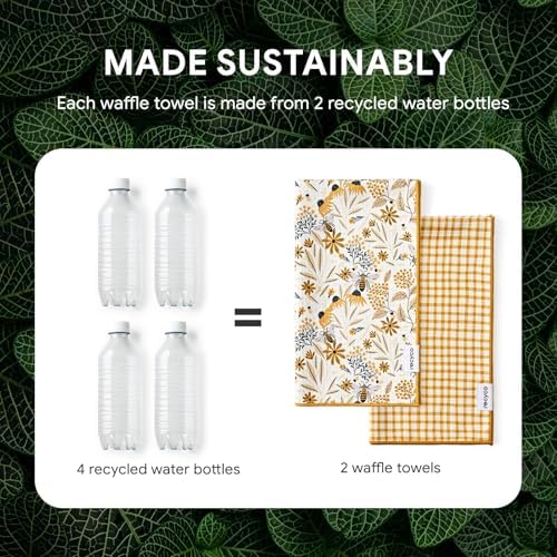 RECYCO Waffle Kitchen Towel Set of 2 - Quick Dry Microfiber Sustainable Dish Towels - Ultra Absorbent Reusable Cleaning Tea Towels - Lightweight Hand Towels,16”x 28”, Joyful Bees - Image 6