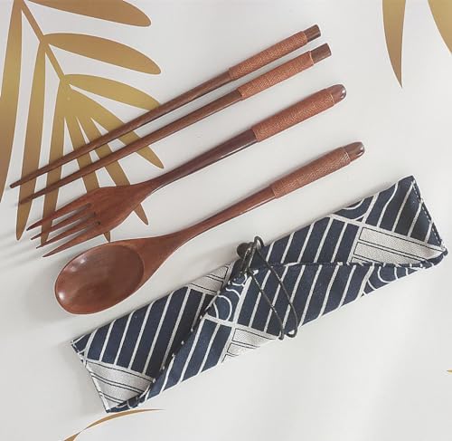Wooden Cutlery Set Chopsticks Spoon Fork with Tied Line, Bamboo Outdoor Camping Travel Utensils Reusable Tableware Spoon for Eating with Cloth Bag (4 Pack) - Image 7