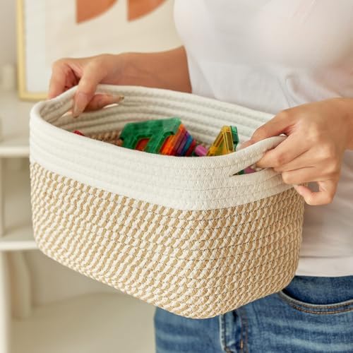 R RUNKA Small Cotton Rope Basket – Storage Bin for Organizing (10.6" x 6.7" x 6.7"), Bathroom Storage Basket for Shelf, Counter & Closet(White & Mixed Camel) - Image 6