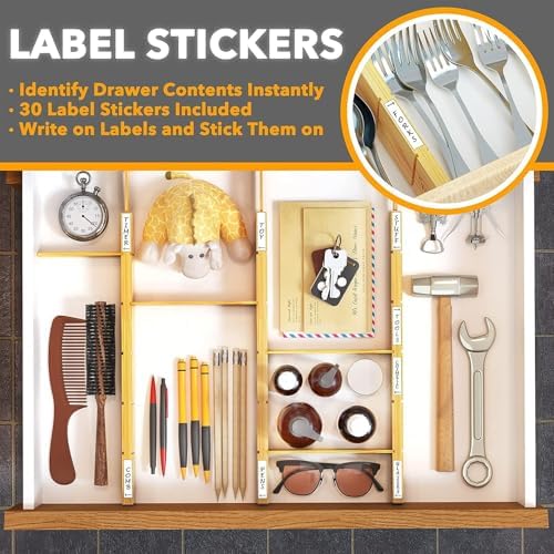 SpaceAid Bamboo Drawer Dividers with Inserts and Labels, Kitchen Adjustable Drawer Organizers, Expandable Organization for Home, Office, Dressers and Bathroom, 6 Dividers with 12 Inserts (17-22 in) - Image 6