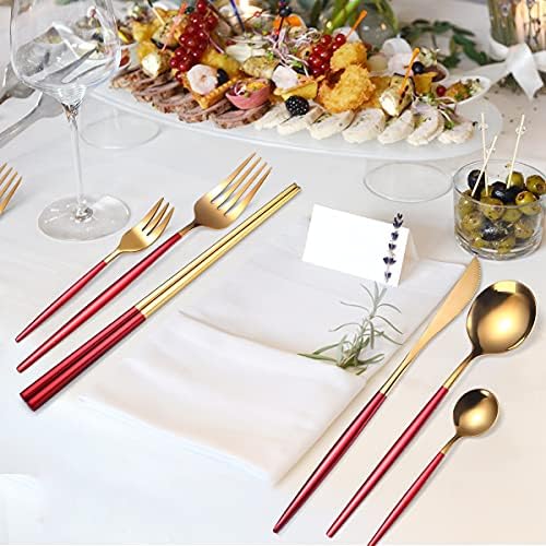 AARAINBOW 8 Pieces Stainless Steel Flatware Set Portable Reusable Cutlery Set Travel Utensils Set Including Chopsticks Knife Fork Spoon Straws Cleaning Brush Dishwasher Safe (Red Golden) - Image 6
