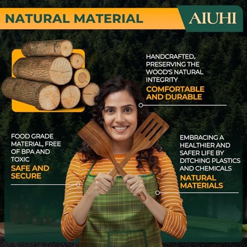 AIUHI Teak Wood Spatula for Cooking, Durable Flat Turner and Slotted Spatula for Nonstick Cookware, Long Handle Natural Wooden Cooking Utensils 2 Pieces - Image 6