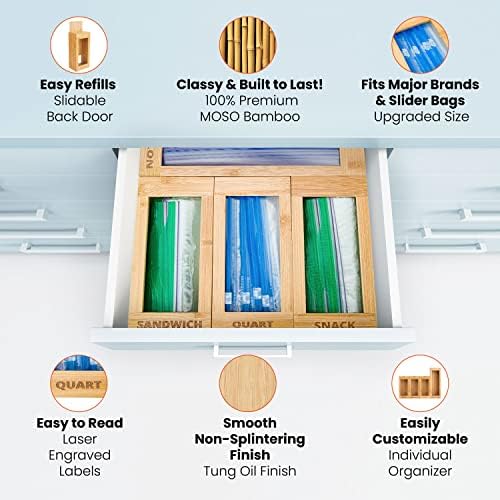 mHomeAid Bag Storage Organizer - Bamboo Food Plastic Baggie Holder, Dispenser, and Container for Kitchen Drawer - Fits Ziplock and Ziploc Gallon, Quart, Sandwich & Snack Sized Slider Bags (Bamboo) - Image 6