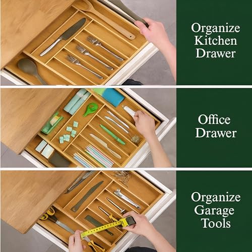 Bamboo Drawer Organizer – Expandable 9 Slot Silverware & Utensil Tray for Kitchen, Office & Kitchen –Fits 13”–19.6” Drawers, Natural Bamboo Wood, Deep Compartments - Durable & Eco-Friendly - Image 6