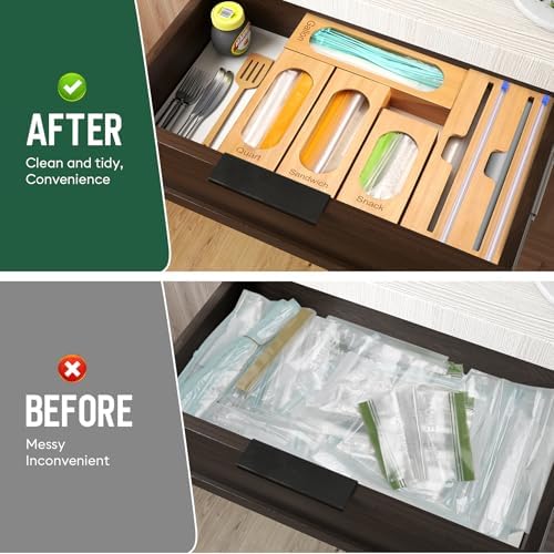 Storage Bag Organizer for Kitchen Drawer, 5-Slot, Bamboo - Image 7