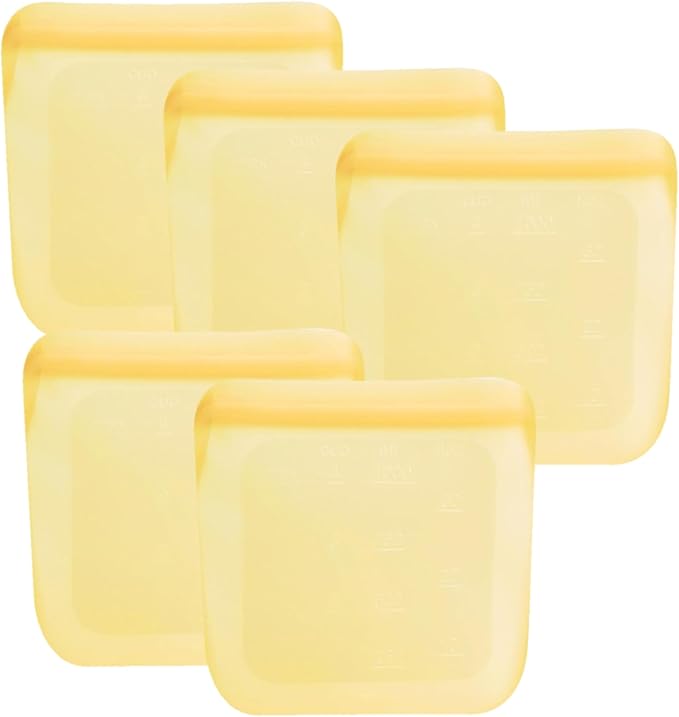 purifyou Set of 5 Reusable Silicone Storage Snack Bags 6oz / 16oz / 32oz / 64oz Self-Seal Food Storage Container for Fruits, Vegetables, Sandwiches, Dishwasher Safe & Leak-free (PastelYellow, 32oz)