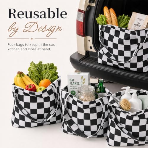 Checkered Reusable Grocery Shopping Bags 4 Packs, Cute Checkerboard Foldable Kitchen Large Nano Tote Bags - Image 7