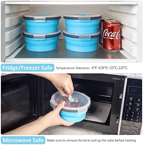 Collapsible Food Storage Containers Round with Airtight Lid, 27 oz, Kitchen Stacking Silicone Collapsible Meal Prep Container Set for Leftover, Microwave Freezer Dishwasher Safe, Blue, Set of 4 - Image 6