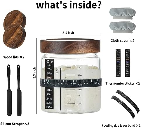 Wissy&Konny Sourdough Starter Jar 2Pack 35OZ with Ounce Scale Line,Date Marked Feeding Band, Thermometer, Sourdough Jar Scraper, Cloth Cover & Wood Lid, Wide Mouth for Sourdough Bread Baking - Image 6