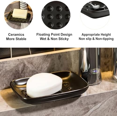 Miamolo Soap Dish, Ceramic Soap Holder Shower Soap Dish for Bar Soap Sponge, Soap Saver Tray for Bathroom Kitchen Sink, Black - Image 7
