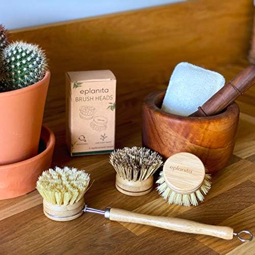 eplanita Natural Dish Brush, 3 Replacement Heads, Kitchen Eco Bamboo Scrubber Brushes, Extra Plant Sponge, Plastic Free Washing Up, Zero Waste Cleaning - Image 6