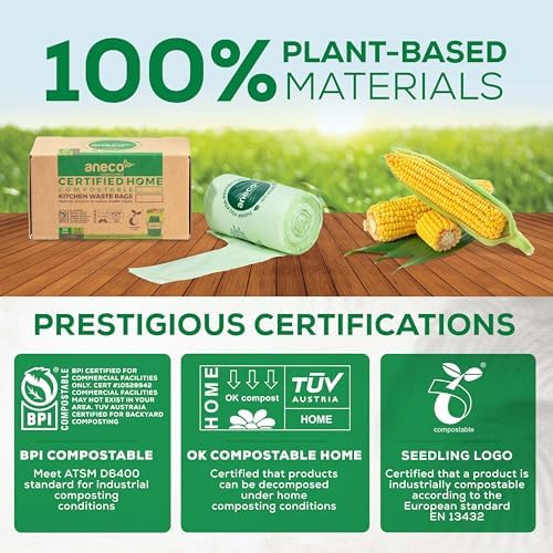 ANECO 100% Compostable Food Waste Bags 1.6 Gallon With Handles (30 Count) - Image 6