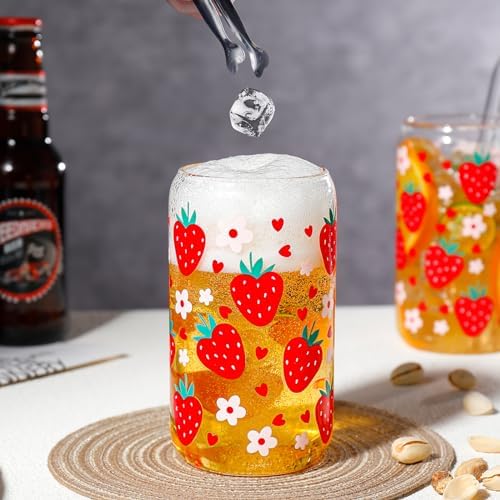 Glass Cups with Lids and Straws with Design Strawberry 4 pcs,Clear Glass Cups 16 oz-DWTS Drinking Glasses Set,Glass Tumbler,Cute Design Glass Iced Coffee Cups with Lids and Straws 480ml - Image 7