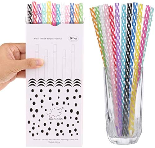 Dakoufish 12 Piece 9 Inch Reusable Plastic Thick Drinking Straws BPA Free Mason Jar Straws Transparent Small Stripe (9inch, Mix 12color) - Image 7