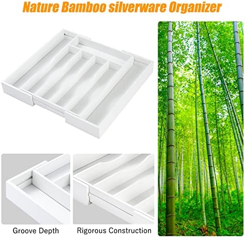 Bellsal White Silverware Organizer Kitchen Drawer Organizer Expandable Bamboo Utensil Holder Cutlery Tray for Kitchen Utensil and Flatware Bedroom Office - Image 6