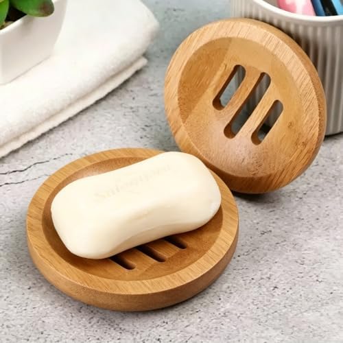 2 Pack Round Bamboo Wooden Soap Dishes, Shampoo Bar Holder with Self Draining Tray, Travel Soap Saver Case for Bathroom Kitchen Sink - Image 5