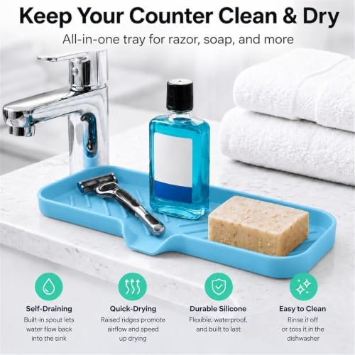 MicoYang Silicone Soap Dish with Drain Spout — Self-Draining Double Sink Organizer Tray for Kitchen & Bath, Dispensers, Sponges & Soap Holder, Non-Slip & Dishwasher Safe, Light Blue (Large, 12"×4") - Image 6