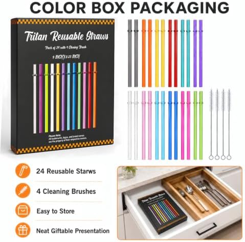 24 Pack Reusable Plastic Straws with 4 Brushes, 9" Tritan Hard Straws - Image 7