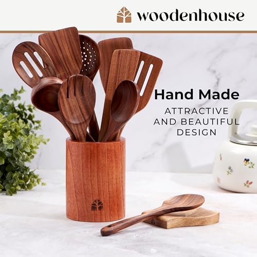 Wooden Spoons for Cooking, 12 Pcs Teak Utensil Set with Holder & Hooks - Image 6