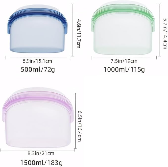3 Pcs Reusable Silicone sealed Food Storage Bags, Multi-Role Food Storage Bags, Leak Proof, Freezer Safe, Microwave Safe, Dishwasher Safe, Eco-friendly