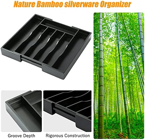 Bellsal Black Silverware Organizer Kitchen Drawer Organizer Expandable Bamboo Utensil Holder Cutlery Tray for Kitchen Utensil and Flatware Bedroom Office - Image 6