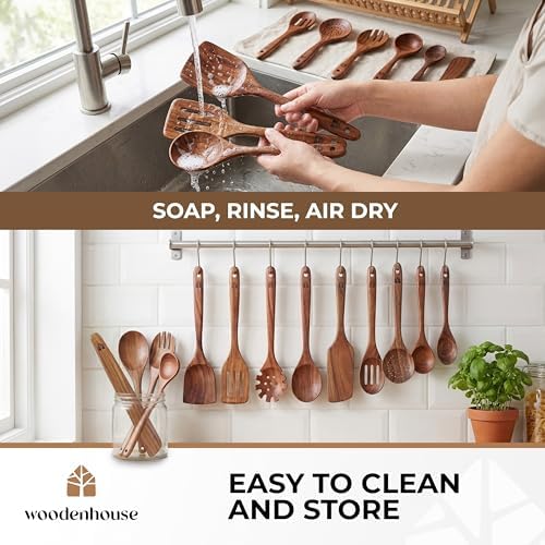Wooden Spoons for Cooking 13 Pcs, Teak Wooden Utensil Set for Nonstick Pans - Image 6