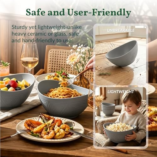 Homienly Wheat Straw Bowls, Large Salad Bowls Set of 6-60 OZ Serving Bowl for Kitchen, Camping, Party - Unbreakablke Microwave and Dishwasher Safe Big Cereal Bowl, Large Soup Bowl - Grey - Image 6