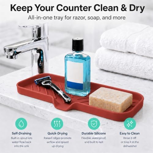 MicoYang Silicone Soap Dish with Drain Spout — Self-Draining Double Sink Organizer Tray for Kitchen & Bathroom, Dispensers, Sponges & Soap Holder, Non-Slip & Dishwasher Safe, Red (Large, 12"×4") - Image 6
