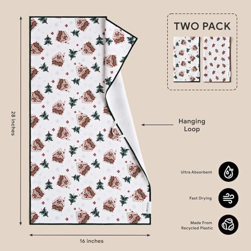 RECYCO Christmas Waffle Kitchen Towel Set of 2 - Quick Dry Microfiber Sustainable Dish Towels - Ultra Absorbent Reusable Cleaning Tea Towels - Lightweight Hand Towels,16”x 28”, Gingerbread Joy - Image 6