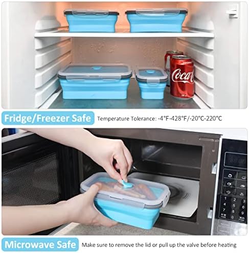 Collapsible Food Storage Containers with Airtight Lid & Air Vent, 4 Sizes, Kitchen Stacking Silicone Collapsible Meal Prep Container Set for Leftover, Microwave Freezer Dishwasher Safe, Blue, Set of 4 - Image 6