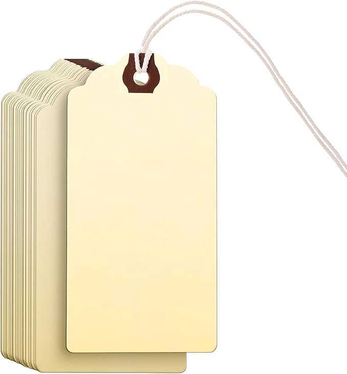 Outus 60 Pcs 4 3/4-in x 2 3/8-in Blank Large Paper Gift Tags with String and Reinforced Eyelet Wire Writable Price Tags Shipping Labels Inventory Labels(Ivory)