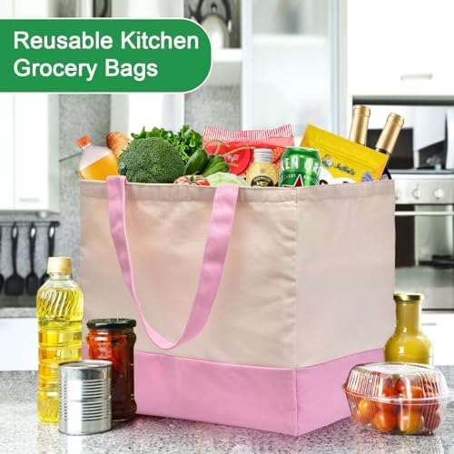 3 Pack Canvas Reusable Grocery Bags Heavy Duty(Blue + Pink + Black), 8.3 gal Foldable Large Tote Bag with Handles, Holds 60 lbs Canvas Shopping Bags & Washable Eco-friendly Bags with 5 Pockets - Image 6