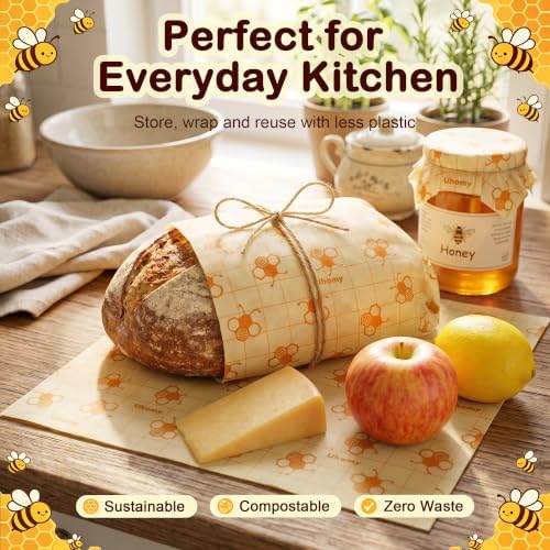 3 Pack Beeswax Wraps for Food - 1 Large & 2 Medium Bees Wax Wraps Reusable Eco-friendly Beeswax Paper Food Wraps, Plastic Free Beeswax Bread Wraps Food Storage Wraps for Sourdough Sandwich Bowl Covers - Image 7