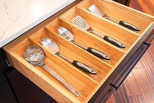 Umilife Bamboo Kitchen Utensils Organizer, 13 Inch Drawer Dividers for Silverware, Extra Deep Holder, with Non-Slip Feet, Wood Caddy for Flatware Cutlery - Image 6