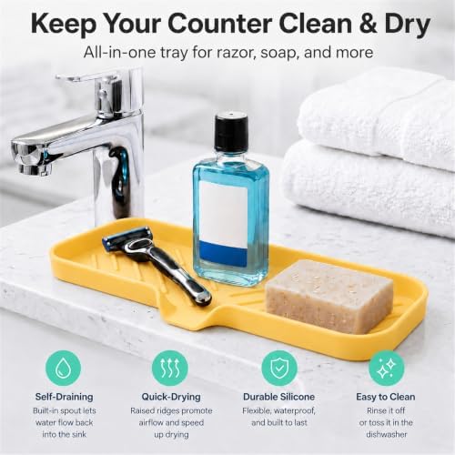 MicoYang Silicone Soap Dish with Drain Spout — Self-Draining Double Sink Organizer Tray for Kitchen & Bathroom, Dispensers, Sponges & Soap Holder, Non-Slip & Dishwasher Safe, Yellow (Large, 12"×4") - Image 6