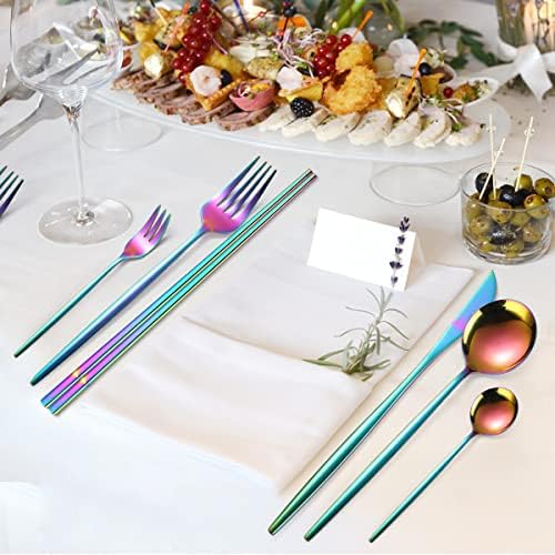 AARAINBOW 8 Pieces Stainless Steel Flatware Set Portable Reusable Cutlery Set Travel Utensils Set Including Chopsticks Knife Fork Spoon Straws Cleaning Brush Dishwasher Safe (Multicolored) - Image 6