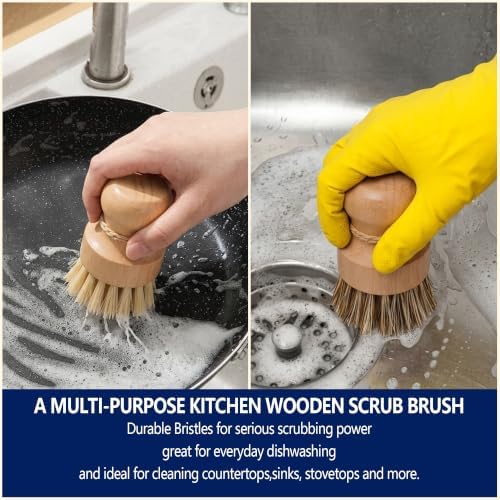 Wood Dish Brush, Natural Fiber Kitchen Scrubber with Ergonomic Grip, 3 Pack - Image 7