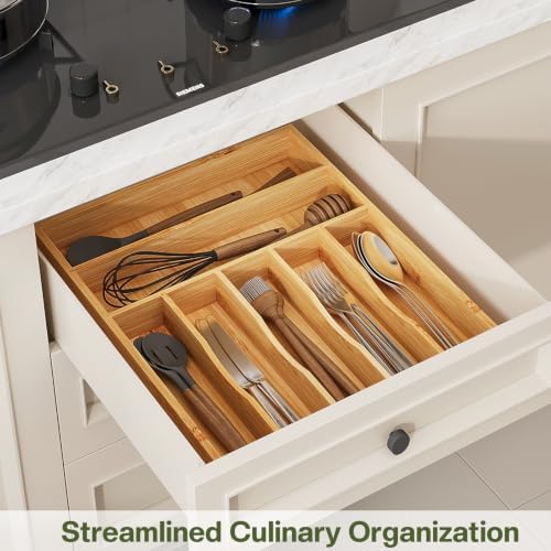 BAMEOS Bamboo Flatware Organizer 16.5×12.8 –Silverware Tray for Small Kitchen Drawers, 2" H Cutlery Holder | Forks, Spoons, Knives - Image 6