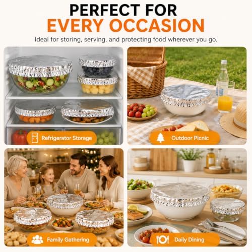 50 Pcs Reusable Aluminum Foil Food Covers, Elastic Foil Bowl Covers for Bowls Plates Containers, Insulated Food Lids for Leftovers, Meal Prep, Parties, Picnic and Kitchen Storage - Image 7