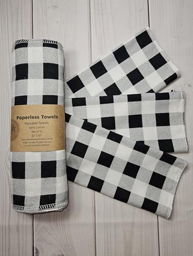Paperless Towels, 12-12" X 10" Washable Paper Towels, Reusable Paper Towels, 100% Cotton (Black Buffalo Checked) - Image 7