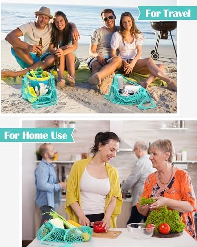 Eccliy 12Pcs Reusable Cotton Mesh Grocery Bag with Handle, Teal, 10 in - Image 6